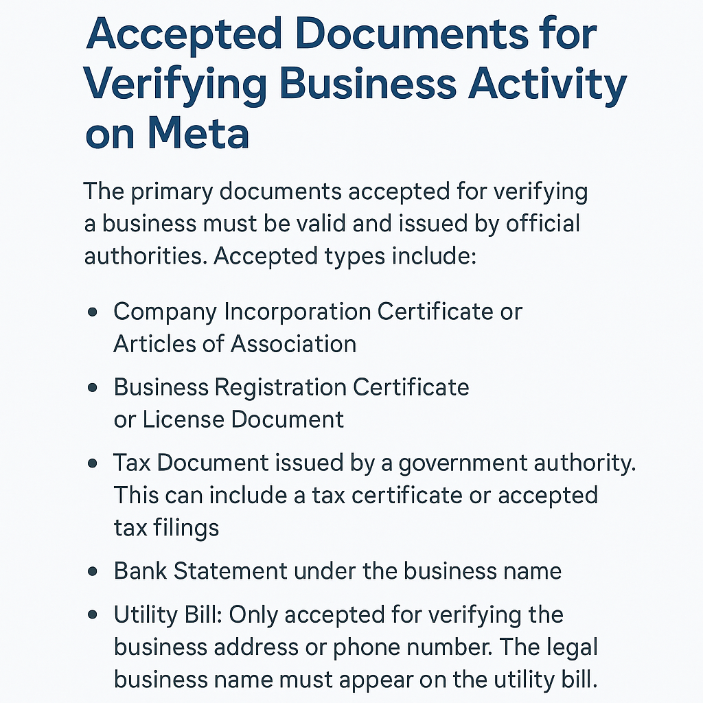 المستندات المقبولة لتوثيق النشاط التجاري على Meta